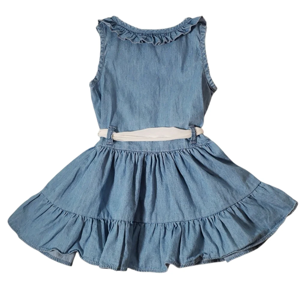 Vintage Guess Kids Denim Ruffles Tiered Bling Rheinstones Sheer Tie Fit Flare Dr